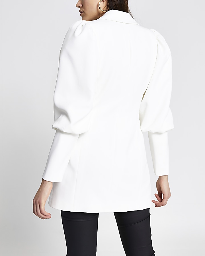 White puff sleeve double breast fitted blazer