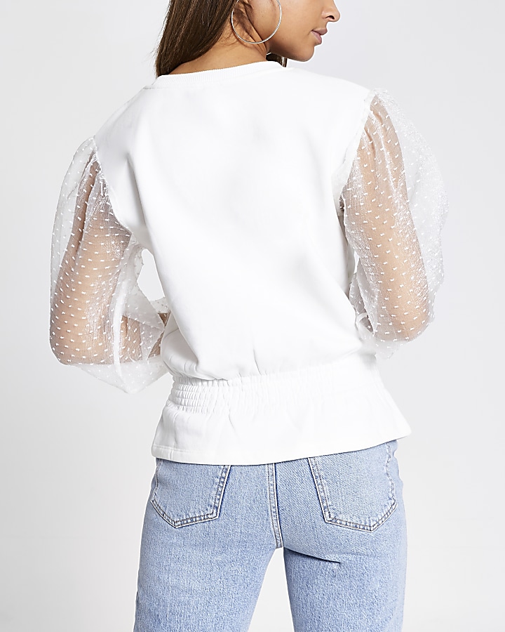 White organza sleeve shirred sweatshirt