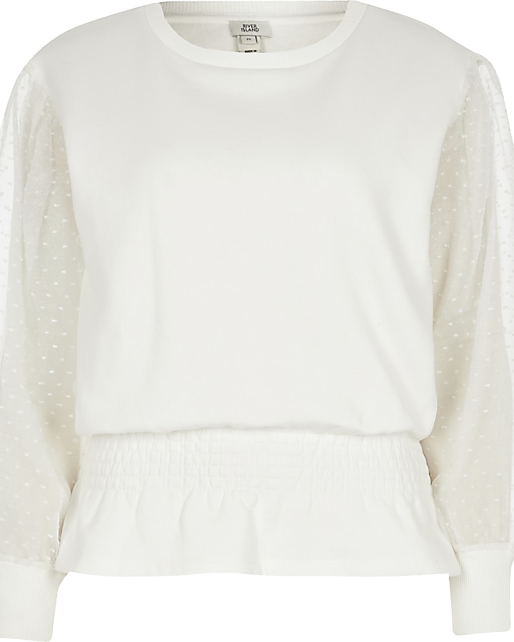 White organza sleeve shirred sweatshirt
