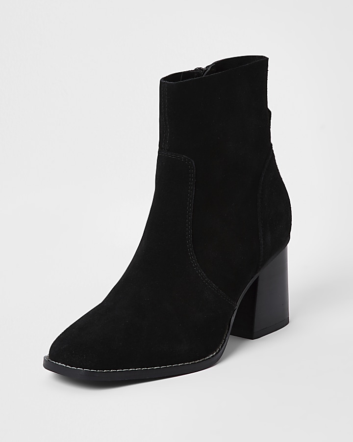 Black suede block heel ankle boots