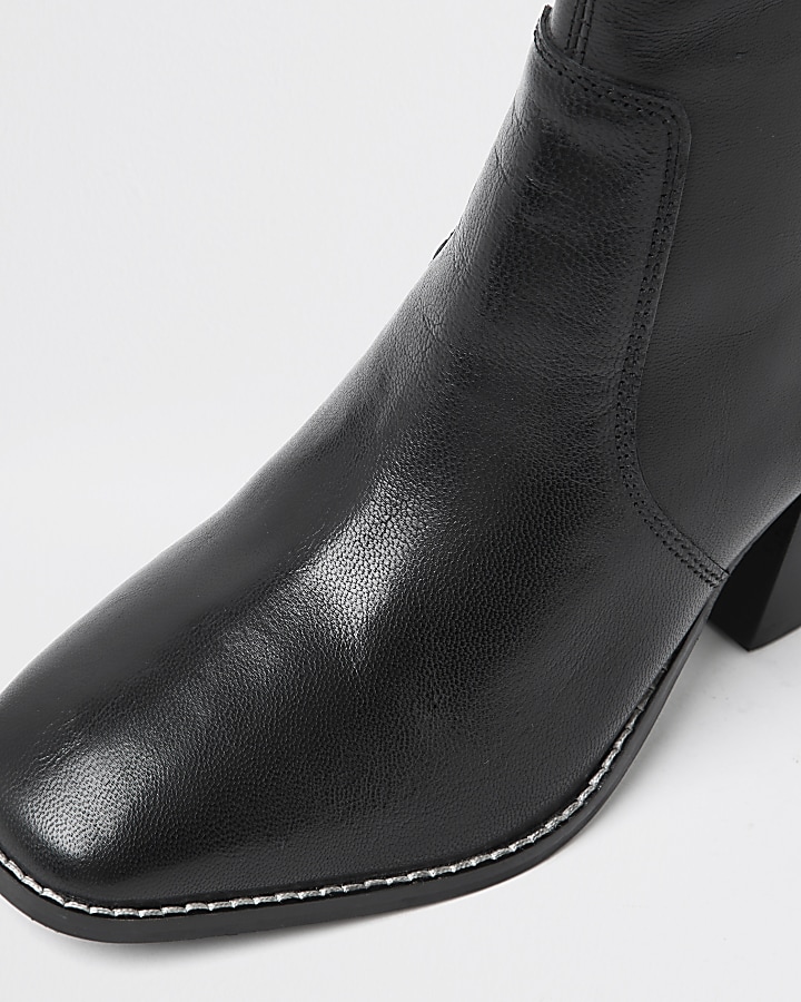 Black leather block heel ankle boot