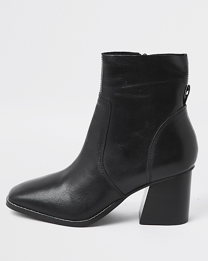 Black leather block heel ankle boot