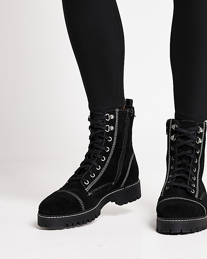 Black contrast stitch lace flat ankle boots