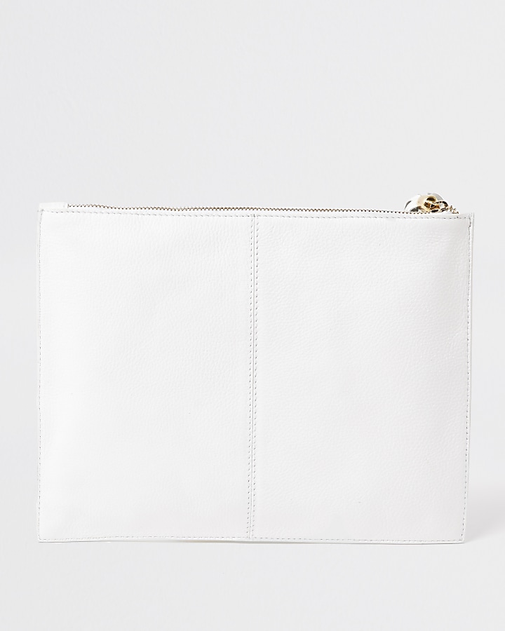 White embellished leather clutch handbag