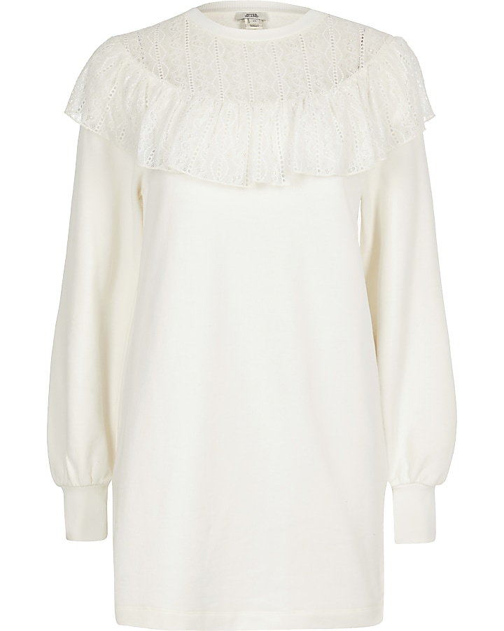 Cream lace frill long sleeve sweatshirt dress
