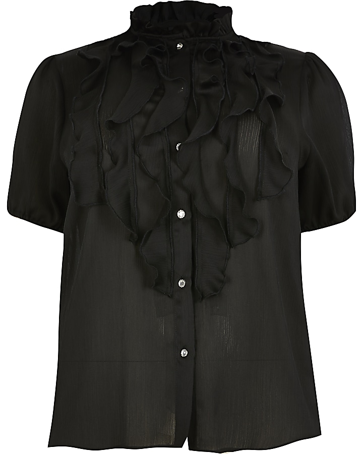 Plus black short sleeve ruffle blouse