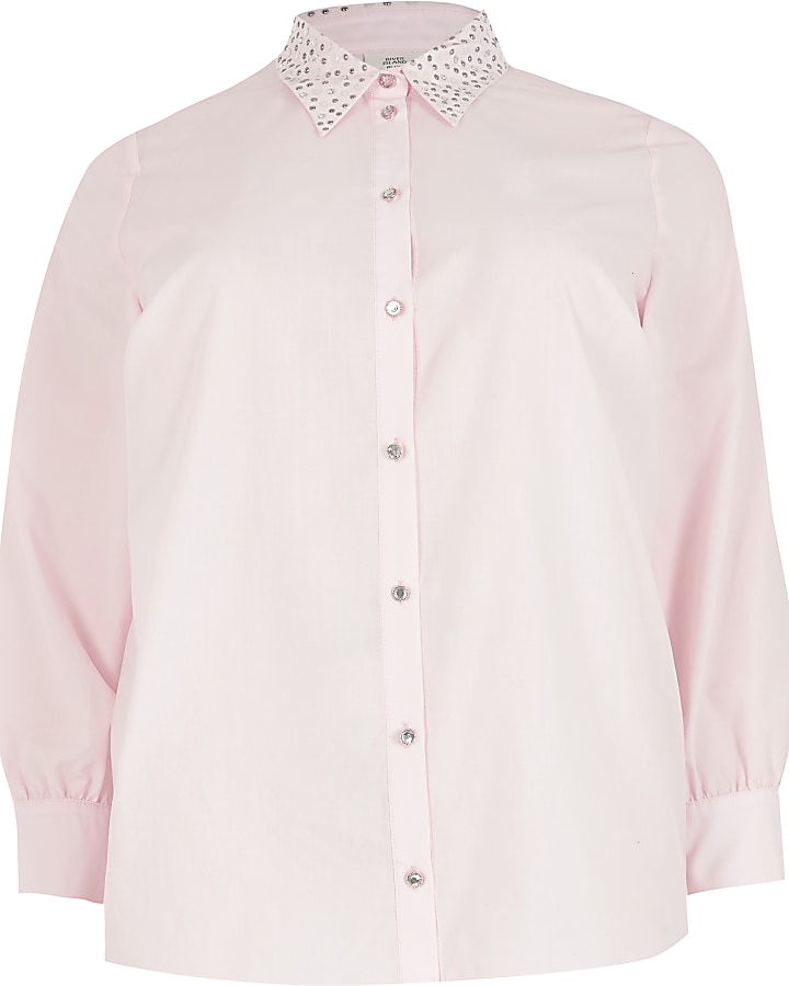 Plus pink embellished collar shirt