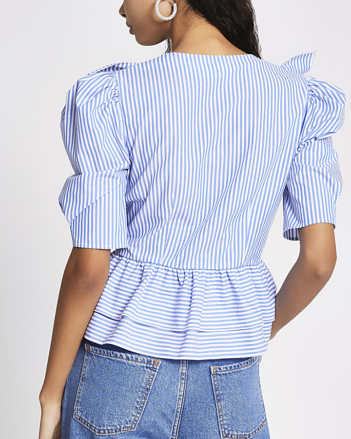 Blue stripe frill front poplin blouse
