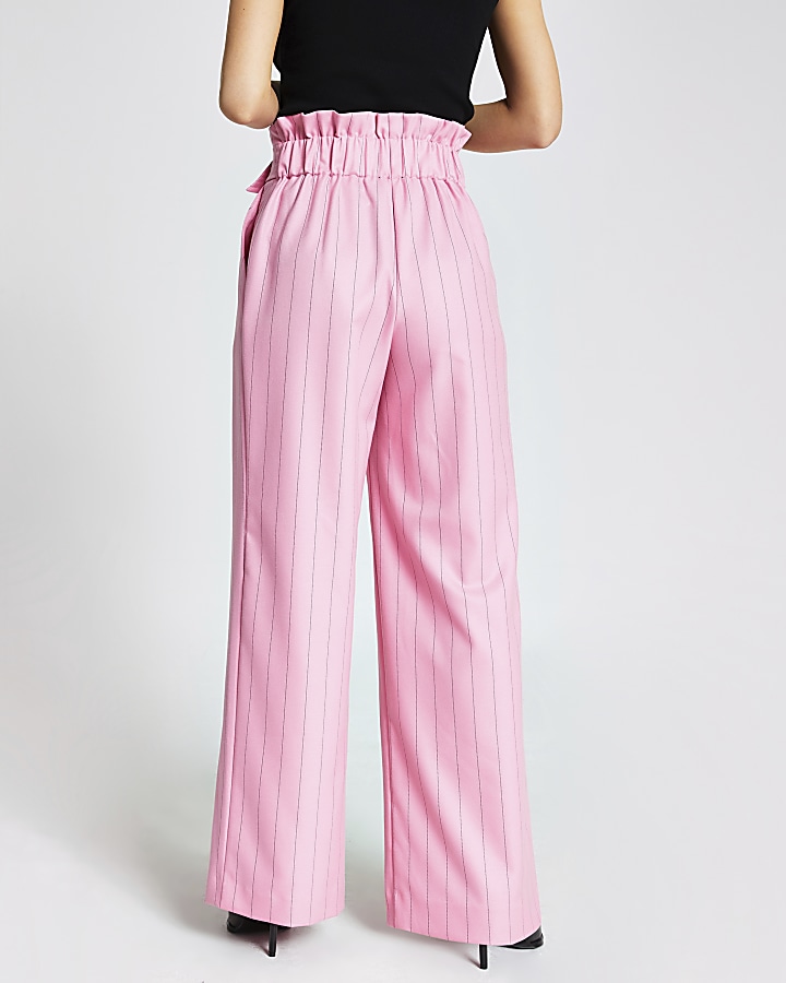 Petite pink stripe belted wide leg trousers