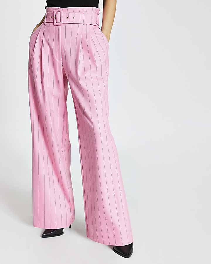 Petite pink stripe belted wide leg trousers