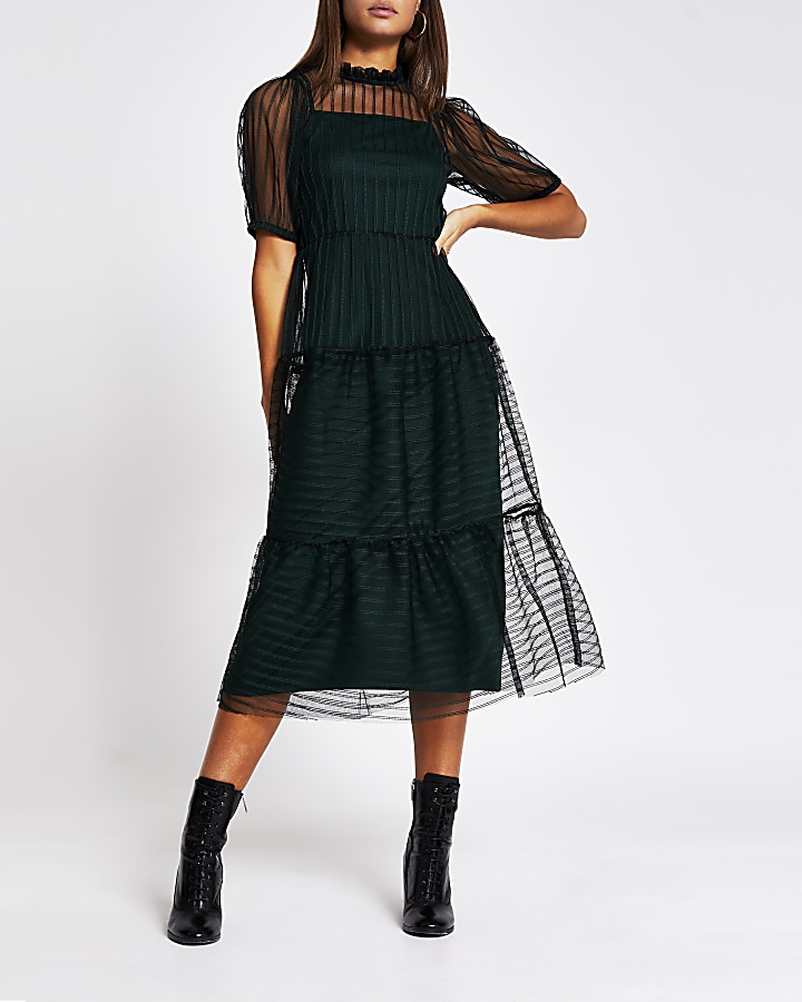 Green stripe mesh short sleeve midi dress