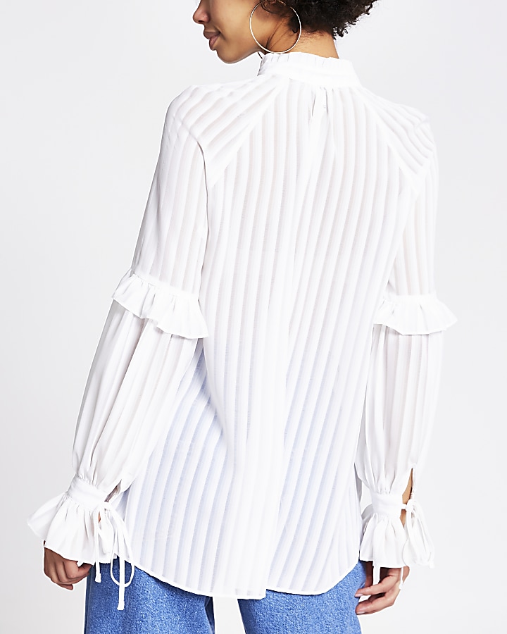 White sheer stripe frill V neck blouse