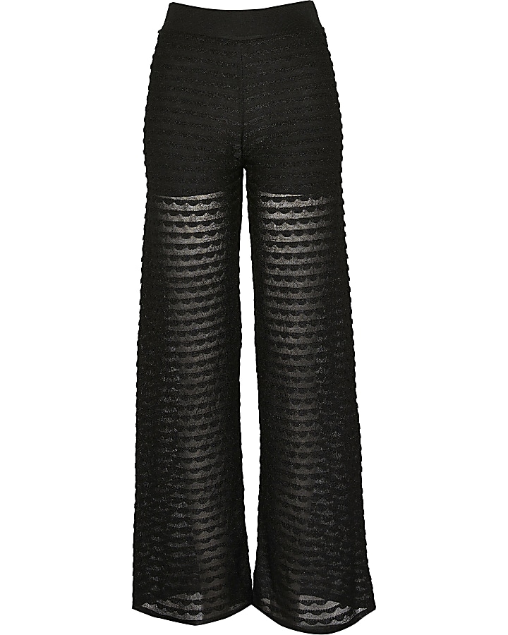 Black sheer scallop wide leg trousers