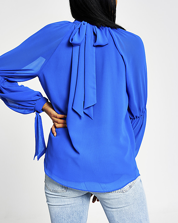 Blue long sleeve high neck chiffon blouse