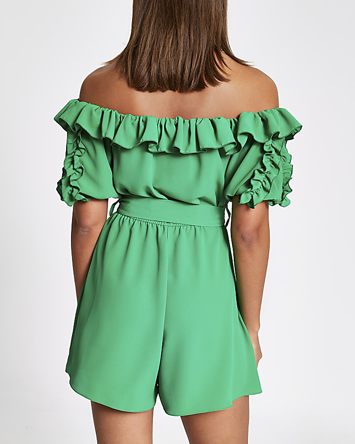 Green frill belted bardot playsuit