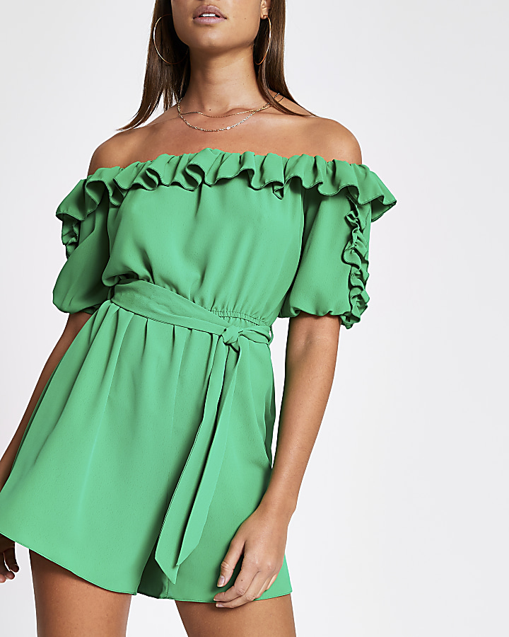 Green frill belted bardot playsuit