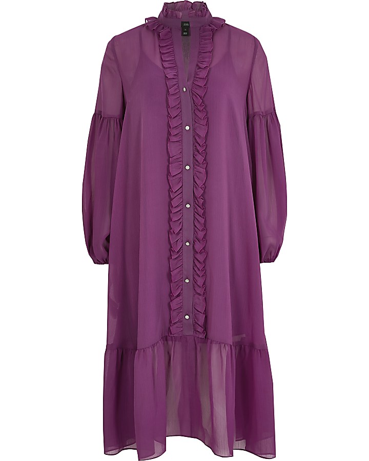 Purple frill long sleeve midi smock dress