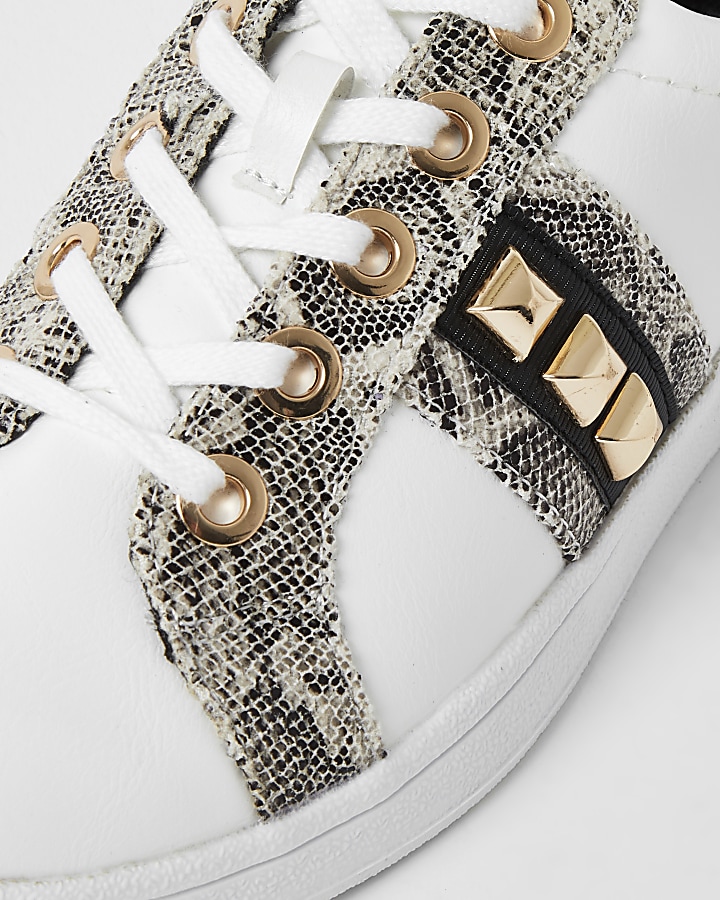 White wide fit snake print jewelled trainers