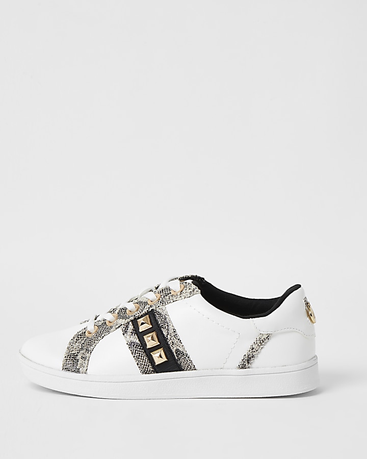 White wide fit snake print jewelled trainers