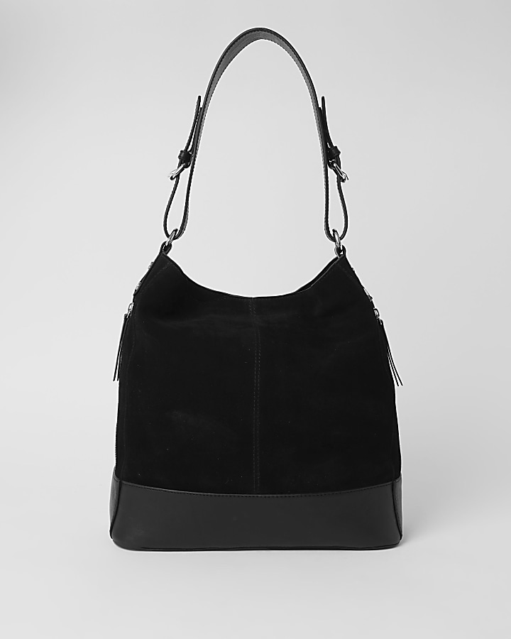 Black leather zip side slouch bag