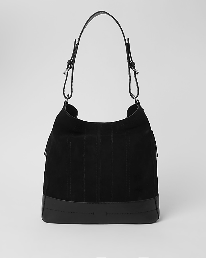 Black leather zip side slouch bag