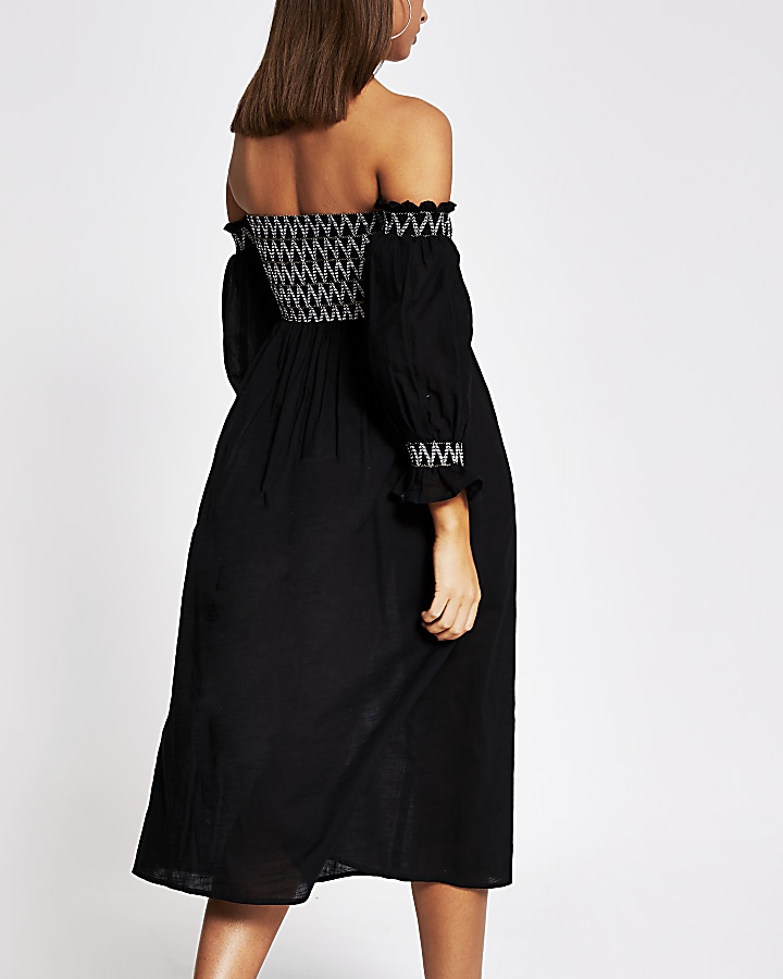 Black cutwork shirred beach dress