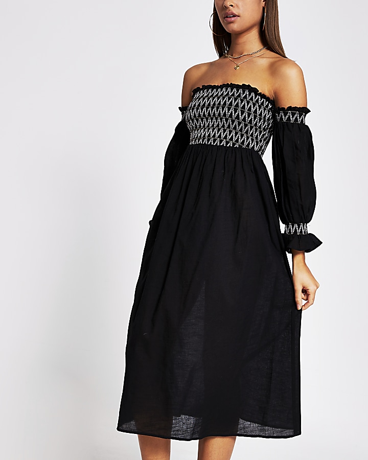 Black cutwork shirred beach dress