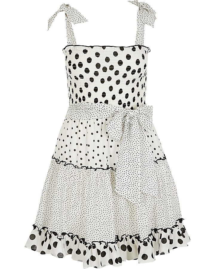 White polka dot shirred mini beach dress