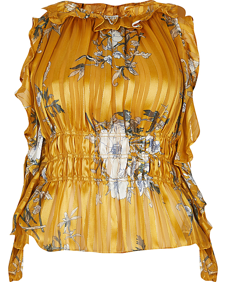 Yellow sleeveless floral print ruched top