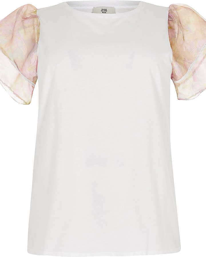 Plus white floral organza frill T-shirt