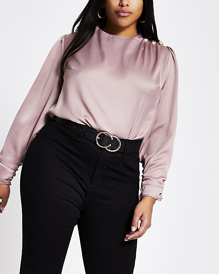 Plus pink button shoulder satin blouse