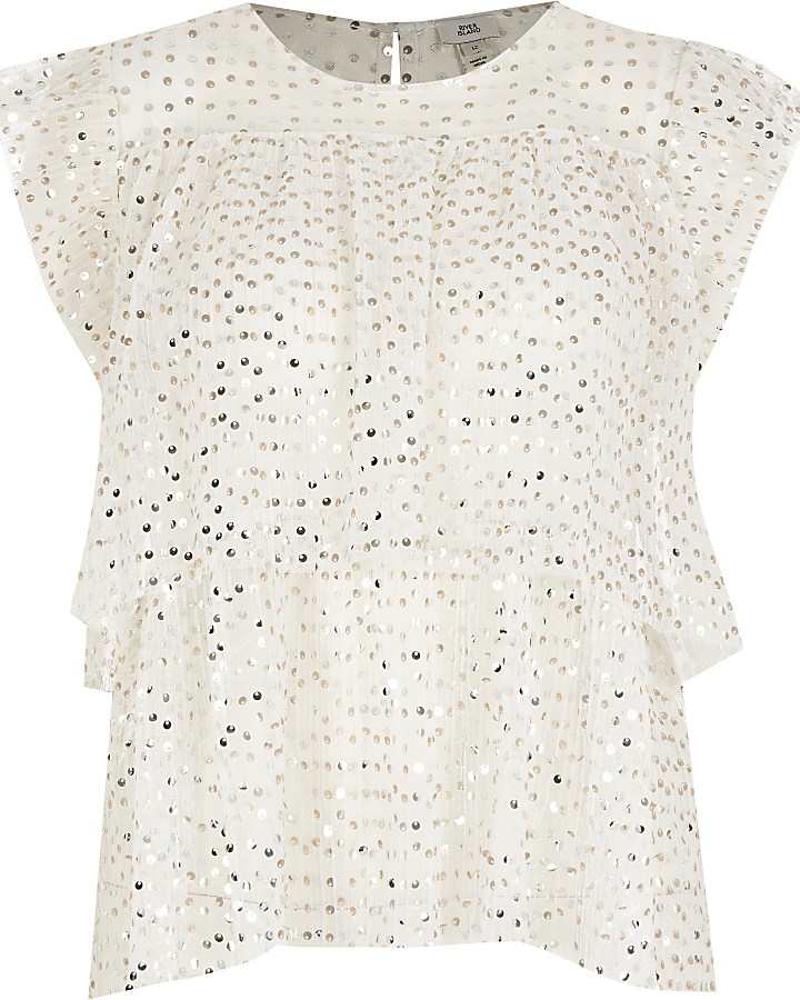 Cream sequin embellished frill blouse