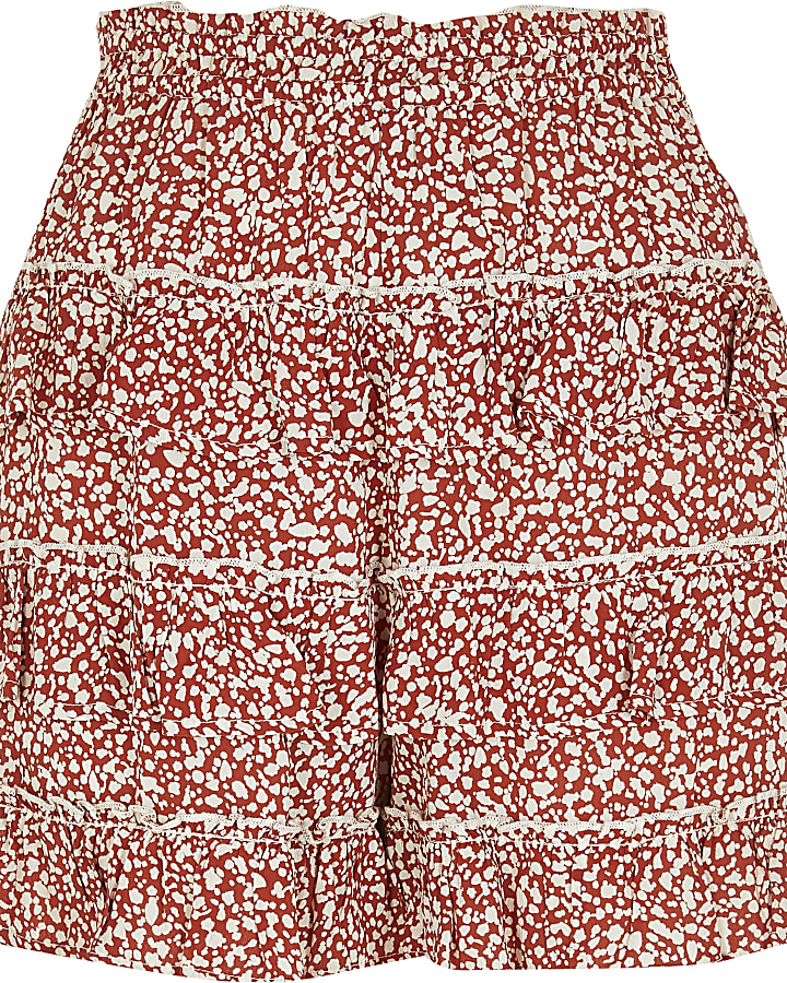 Red floral print ruffle shorts