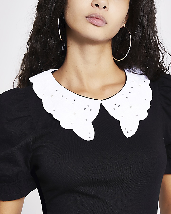 Black embroidered collar puff sleeve top