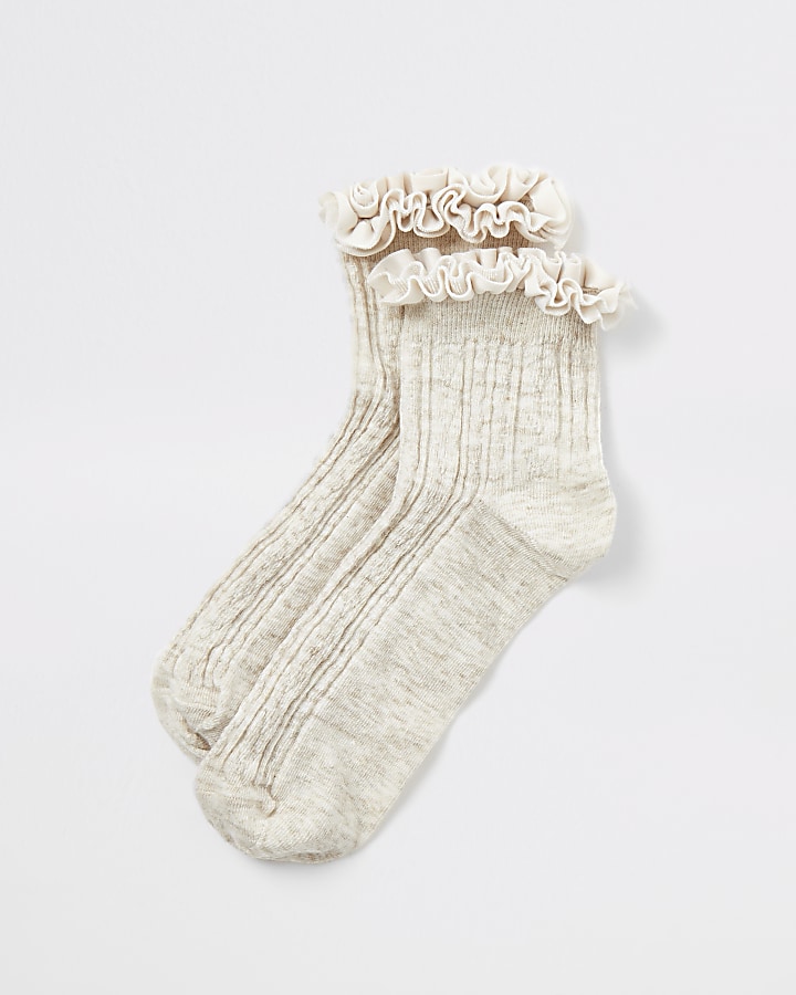Cream velvet frill cable knitted socks