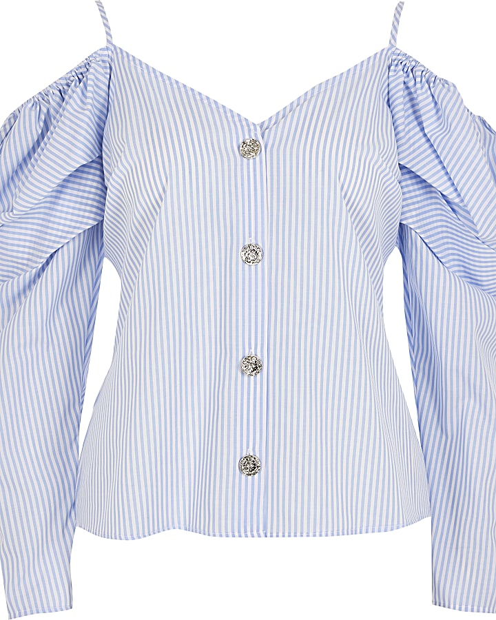 Blue stripe cold shoulder button front blouse