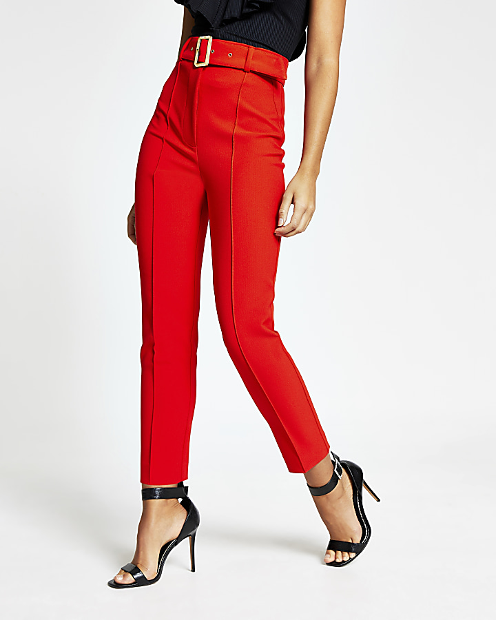 Red belted high rise peg trousers