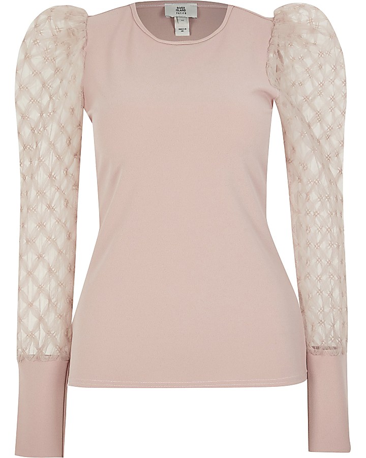 Petite pink textured mesh long sleeve top