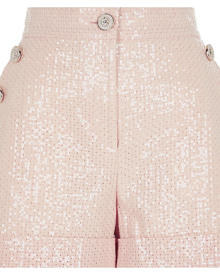 Pink sequin button front shorts