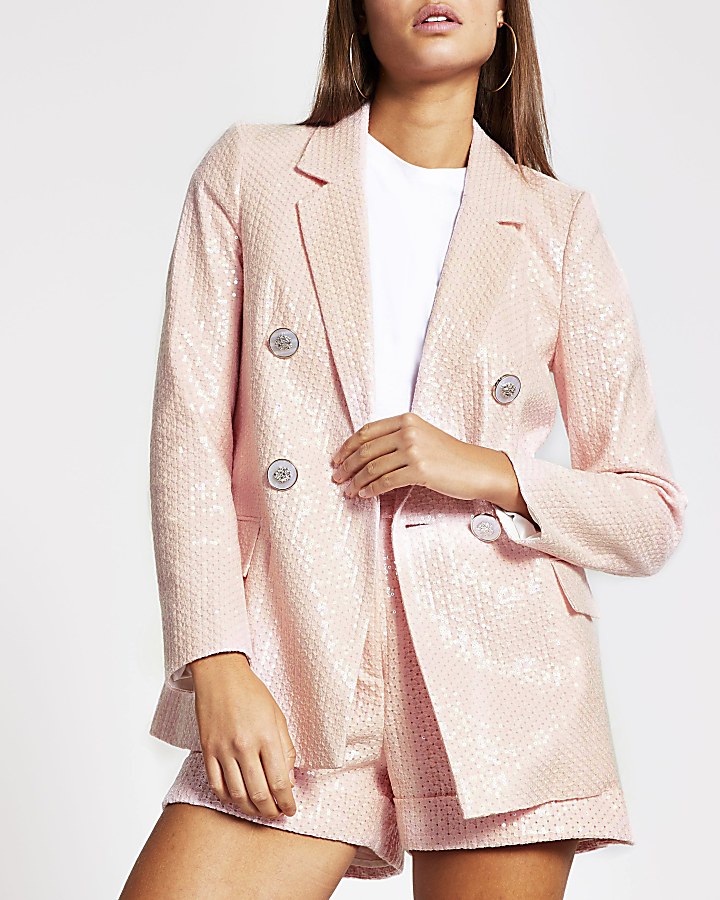 Pink sequin double breasted blazer