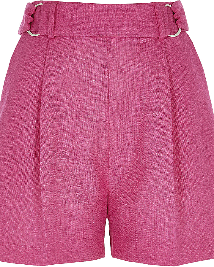 Pink textured buckle waist structured shorts