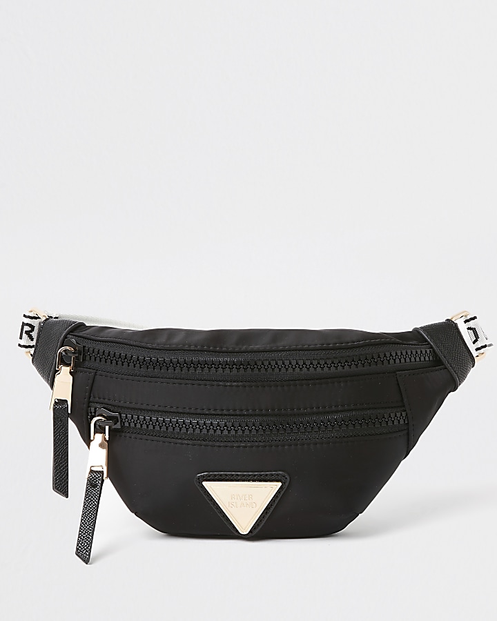 Black nylon double zip bum bag
