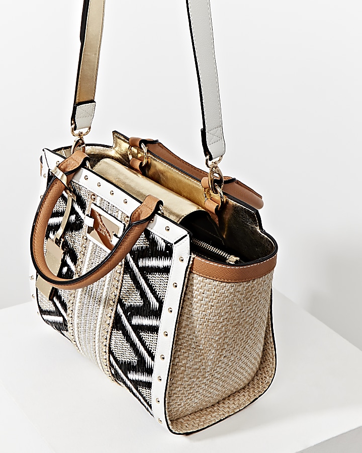 Cream embellished weave mix wing tote handbag