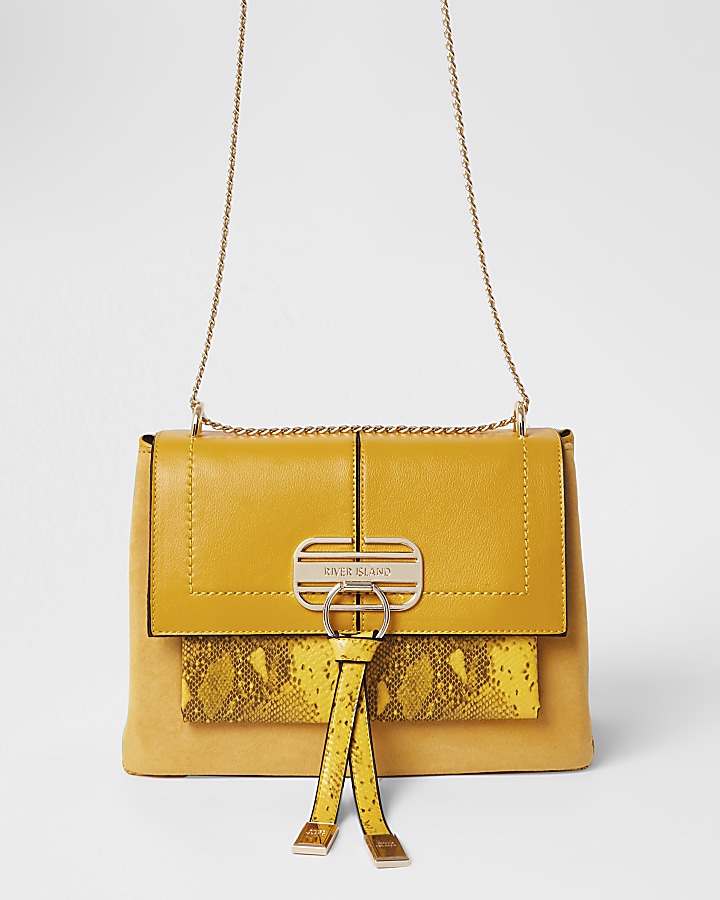 Yellow snake printed cross body handbag