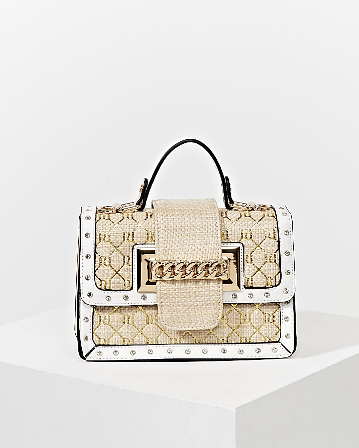 Cream weave gold RI satchel handbag