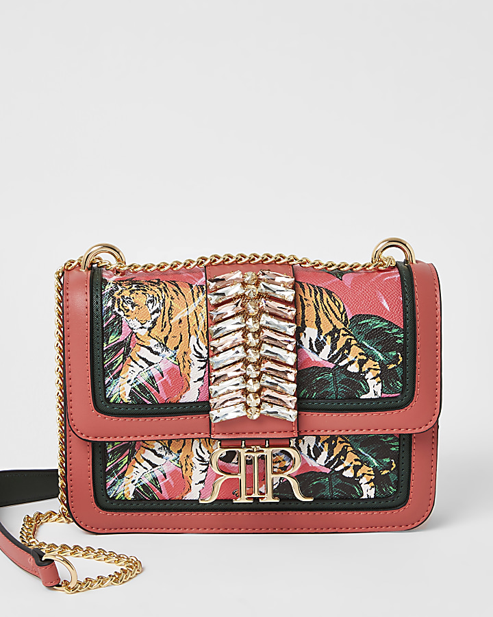Pink embellished cross body satchel handbag