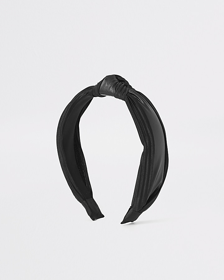 Black faux leather and plisse knot headband