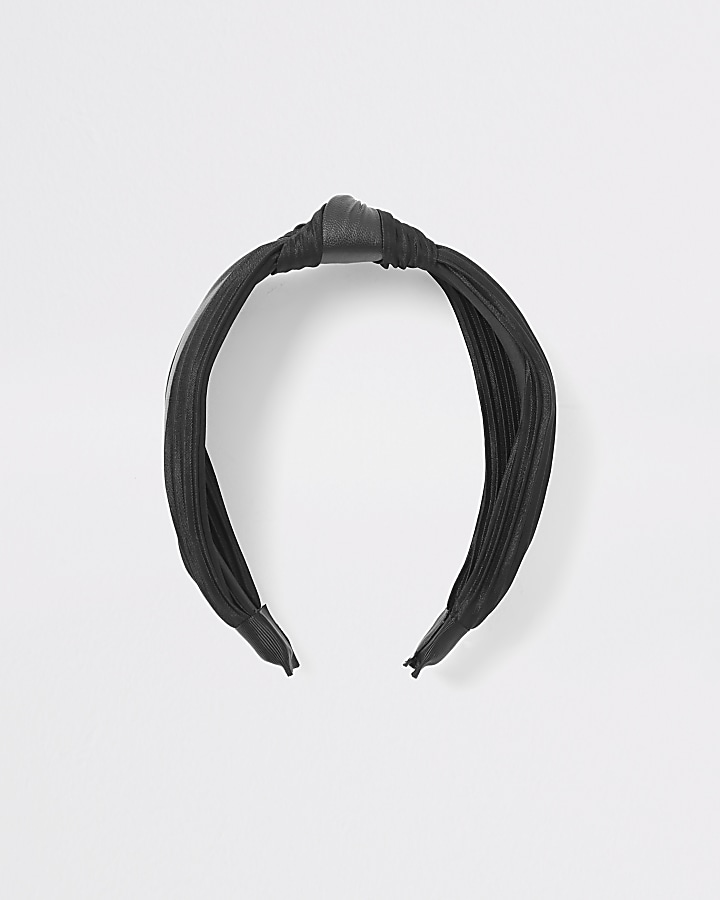 Black faux leather and plisse knot headband