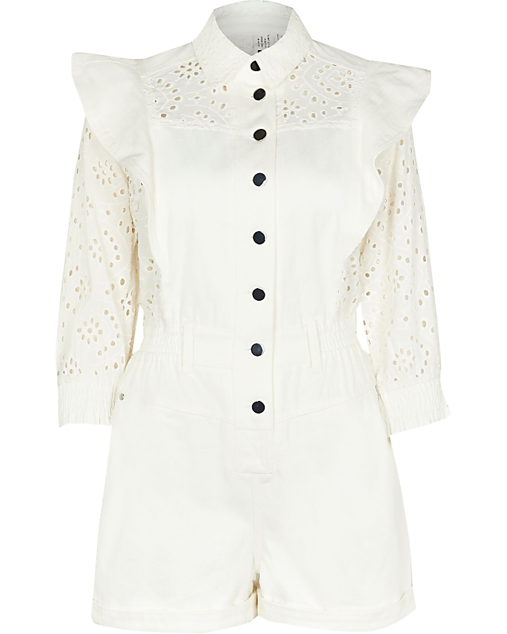 White broderie button down playsuit