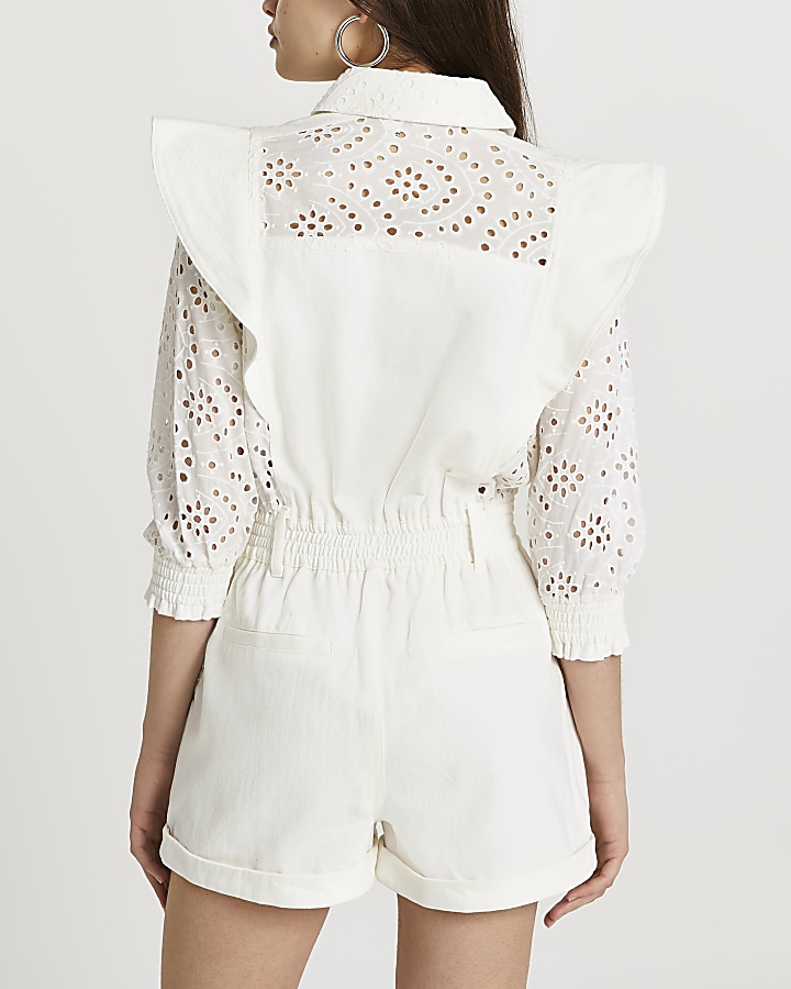 White broderie button down playsuit